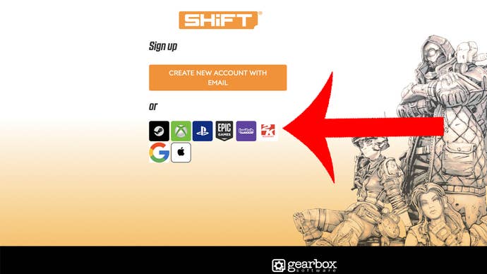 The arrow indicating the Players' buttons must press if they want to create a Shift account by logging into another service.
