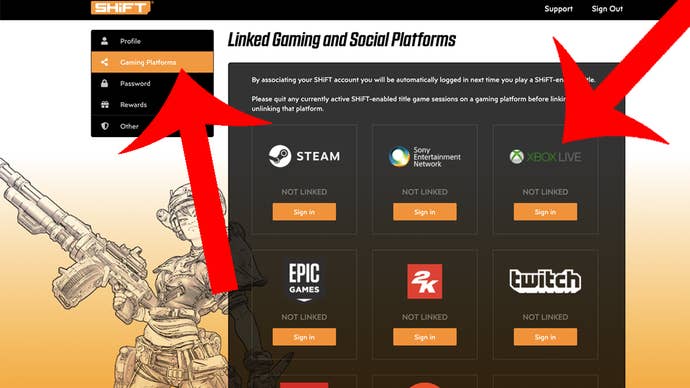 The arrows indicating the Players' button must press if they want to connect the Shift account to another service, such as Xbox Live.