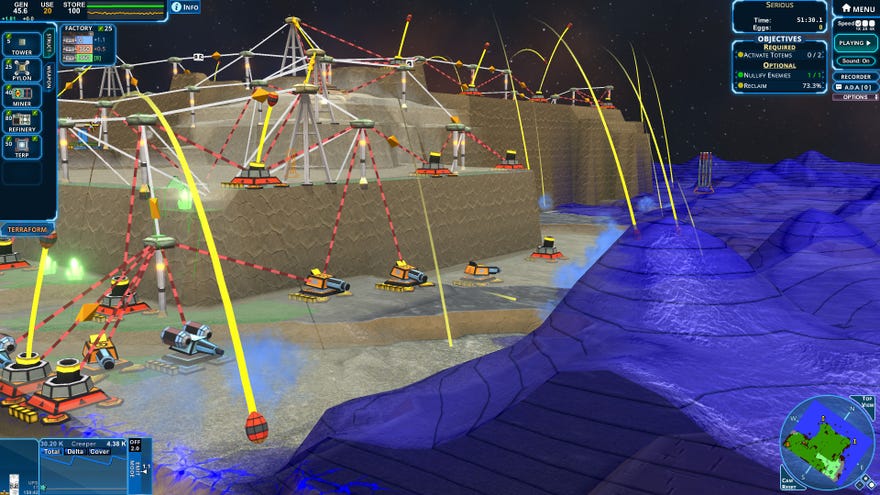 A screenshot of Creeper World 4, showing a 3D world in which turrets with power links are shooting at a lumpen, blue mass, aka creeper.