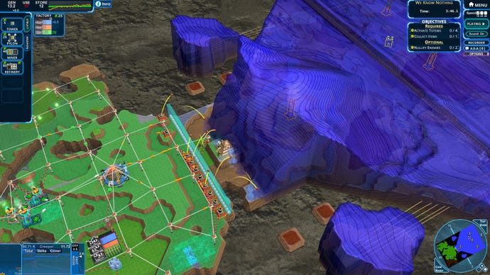 A screenshot of Creeper World 4 showing a line of turrets facing down an enormous wave of creeper which has begun to consume a building.