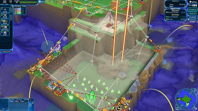 A screenshot of Creeper World 4 showing some terrain surrounded by high walls beyond which lies creeper. The terrain is shrouded in mist.