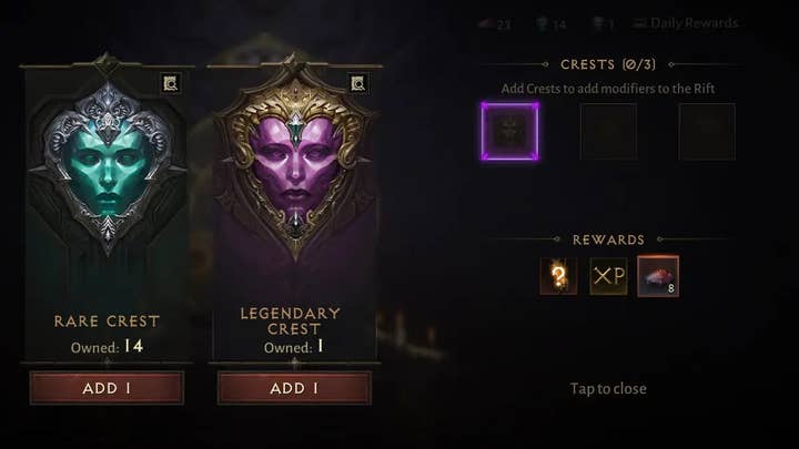 A screen of Diablo Immortal showing the player stock of rare and legendary crests