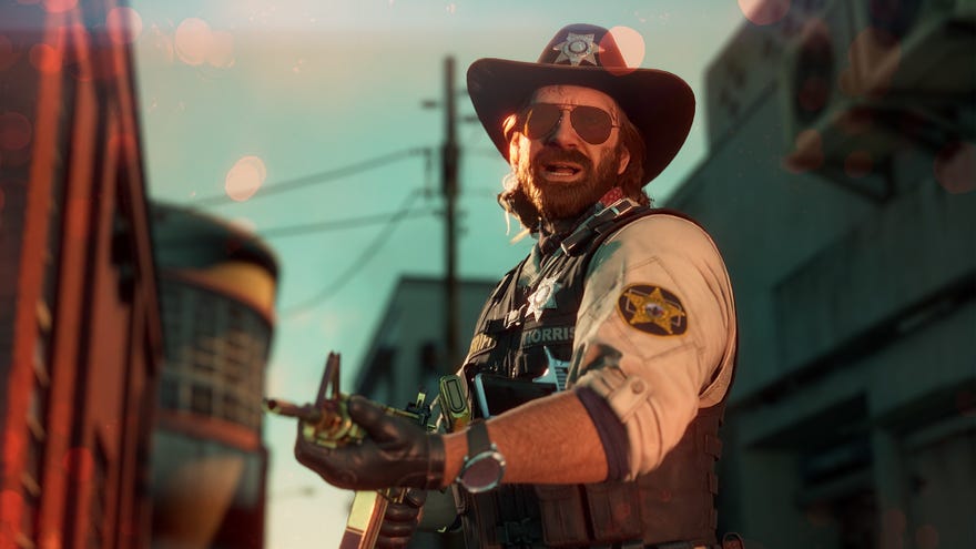 Chuck Norris dressed as a police officer wields an assault rifle in Crime Boss: Rockay City.