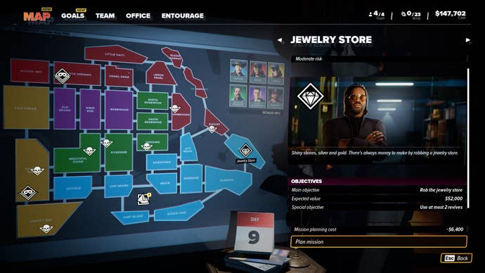 The main map screen of the single-player for Crime Boss: Rockay City