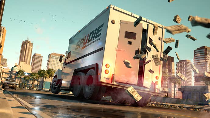 A van races off as cash flies out its back doors in Crime Boss: Rockay City.