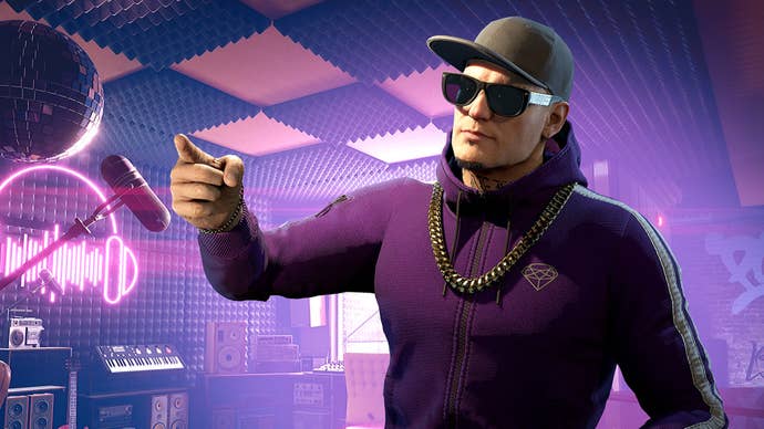 Vanilla Ice dressed in shades, a cap, and a purple hoodie is in a disco basement in Crime Boss: Rockay City.