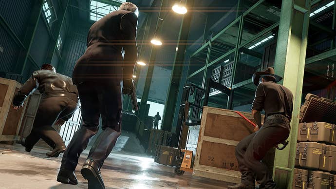 Three characters infiltrate a warehouse in Crime Boss: Rockay City.