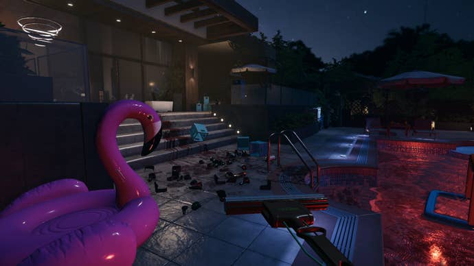 A person holding a mop and standing in front of a bloody house pool scenario