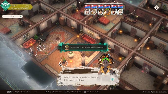 Crimesight - In a 3/4 view of the inside of a mansion, players stand together in a room. A player named Dorothy has found a kitchen knife and decides to take it with her.