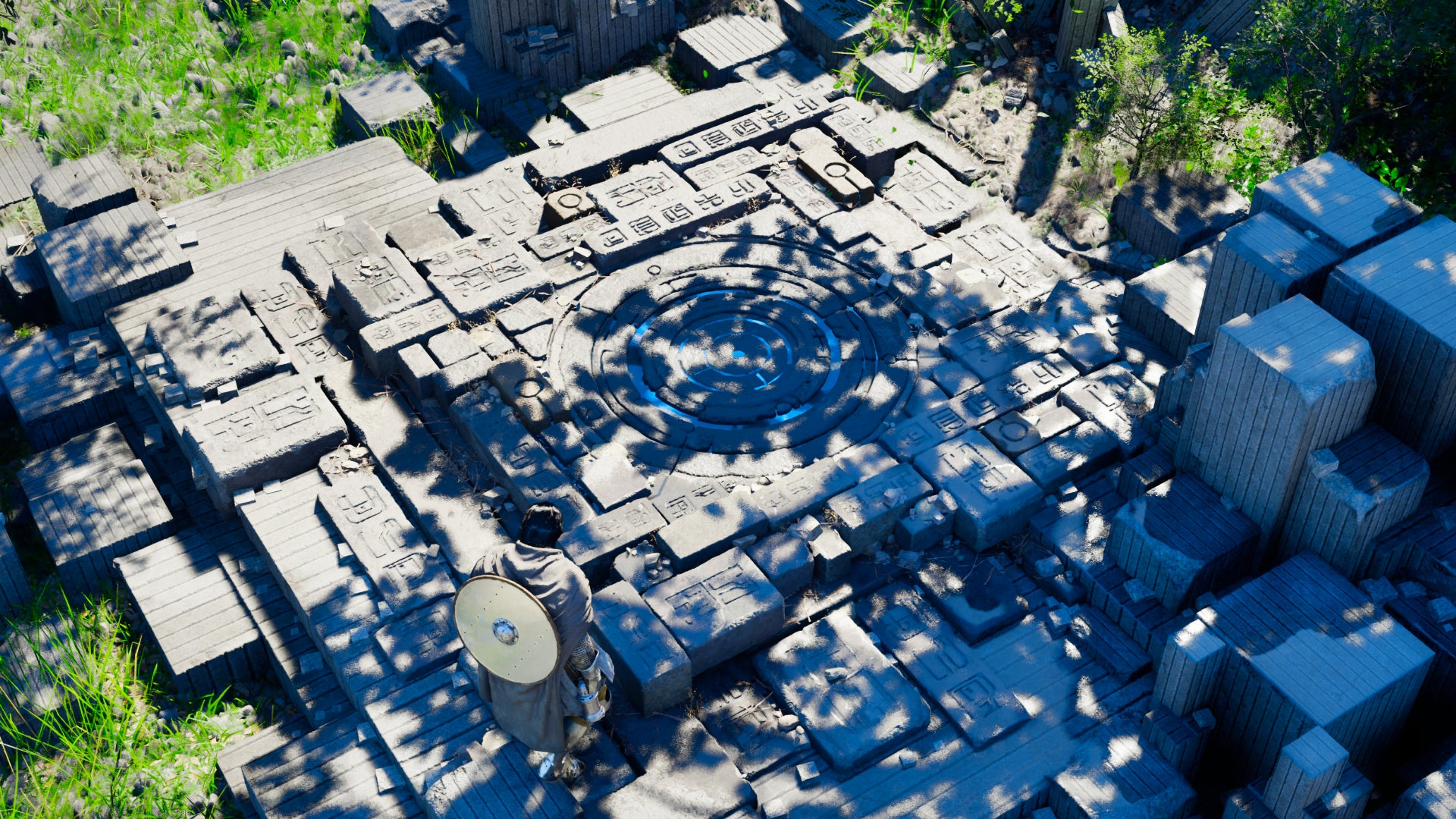 Kliff, the main character in Crimson Desert, walks across a stone structure in the ground known as an Abyss Nexus, which the player can use to Fast Travel across the map.