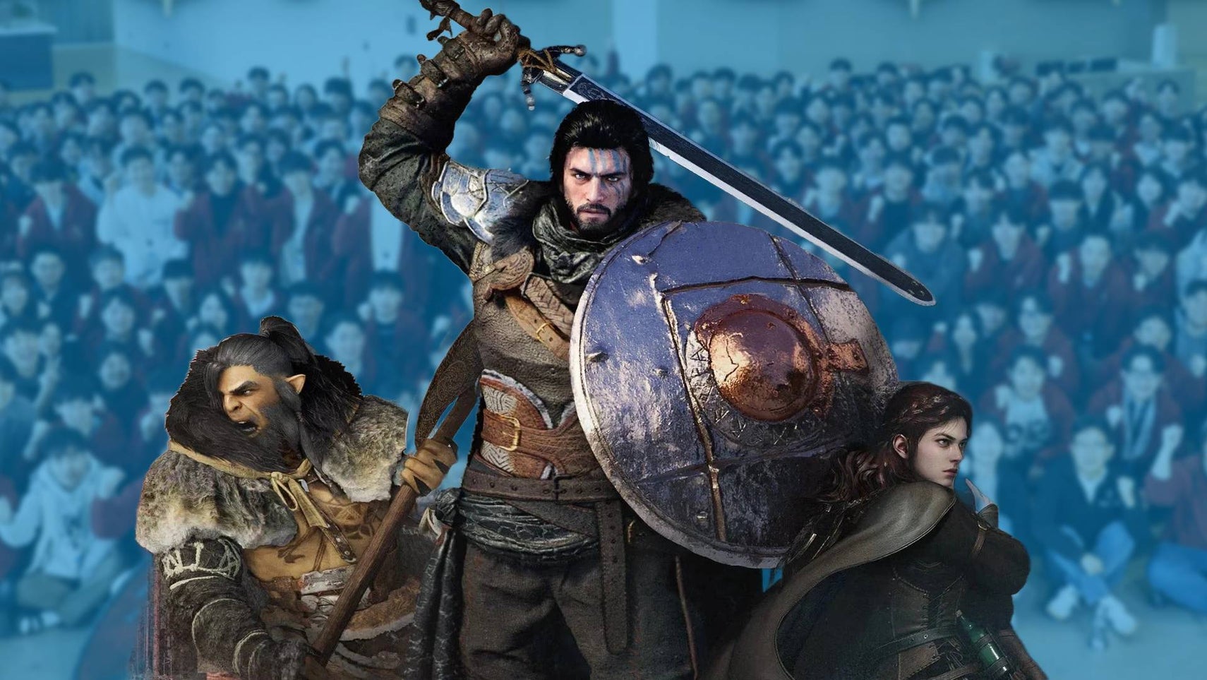 Three characters, one with a sword and shield, one with a cape, and one young man, pose in front of a collected studio's staff - overlaid in blue.