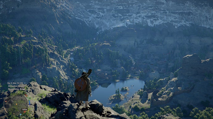 Crimson Desert: ambizioso eccesso, realizzazione traballante. 2 Kliff stands on a cliff overlooking the massive open world of Crimson Desert.