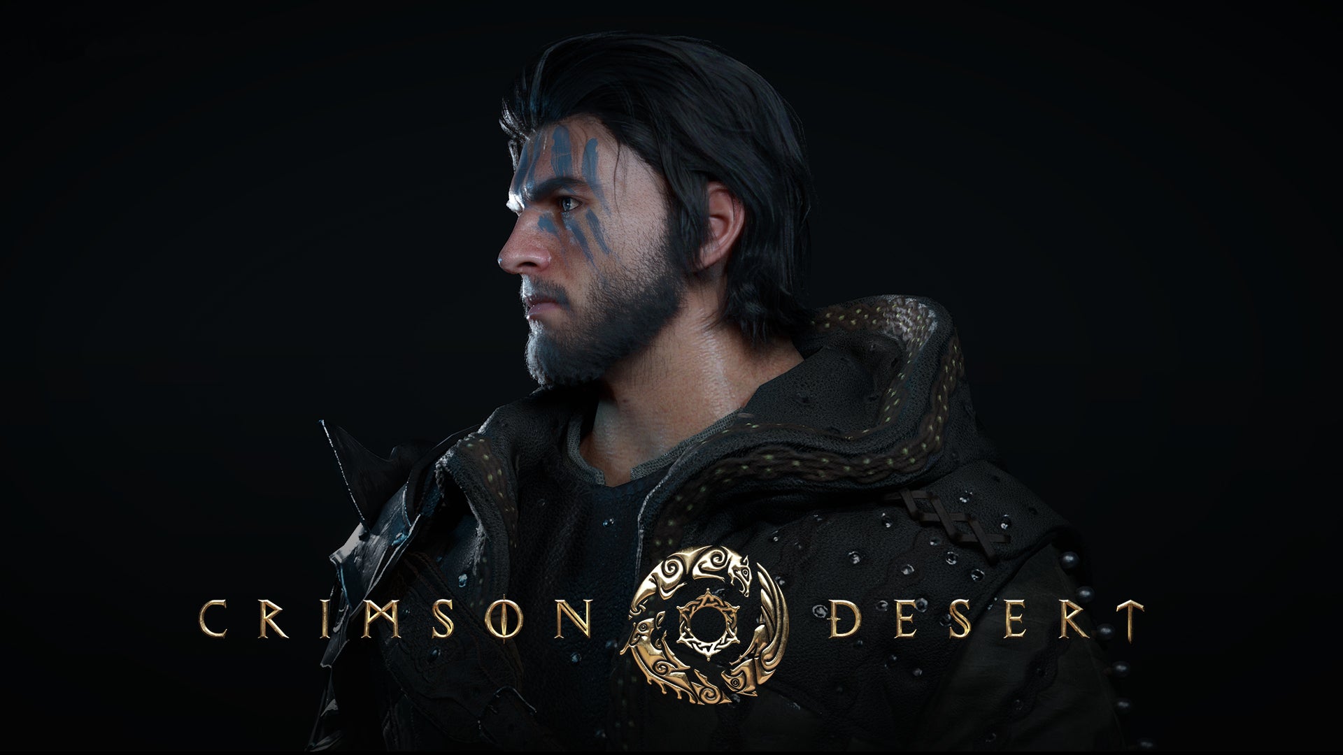 A rugged looking white man with long dark hair, a beard and some streaks of blue paint down over his eyes. He looks vaguely Celtic, you know what I mean. The Crimson Desert logo/title is across the bottom of the screenshot