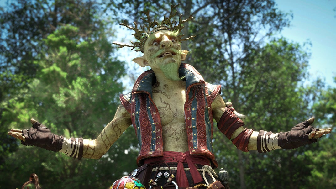 A goblin squaring up to the camera with a leather waistcoat on.