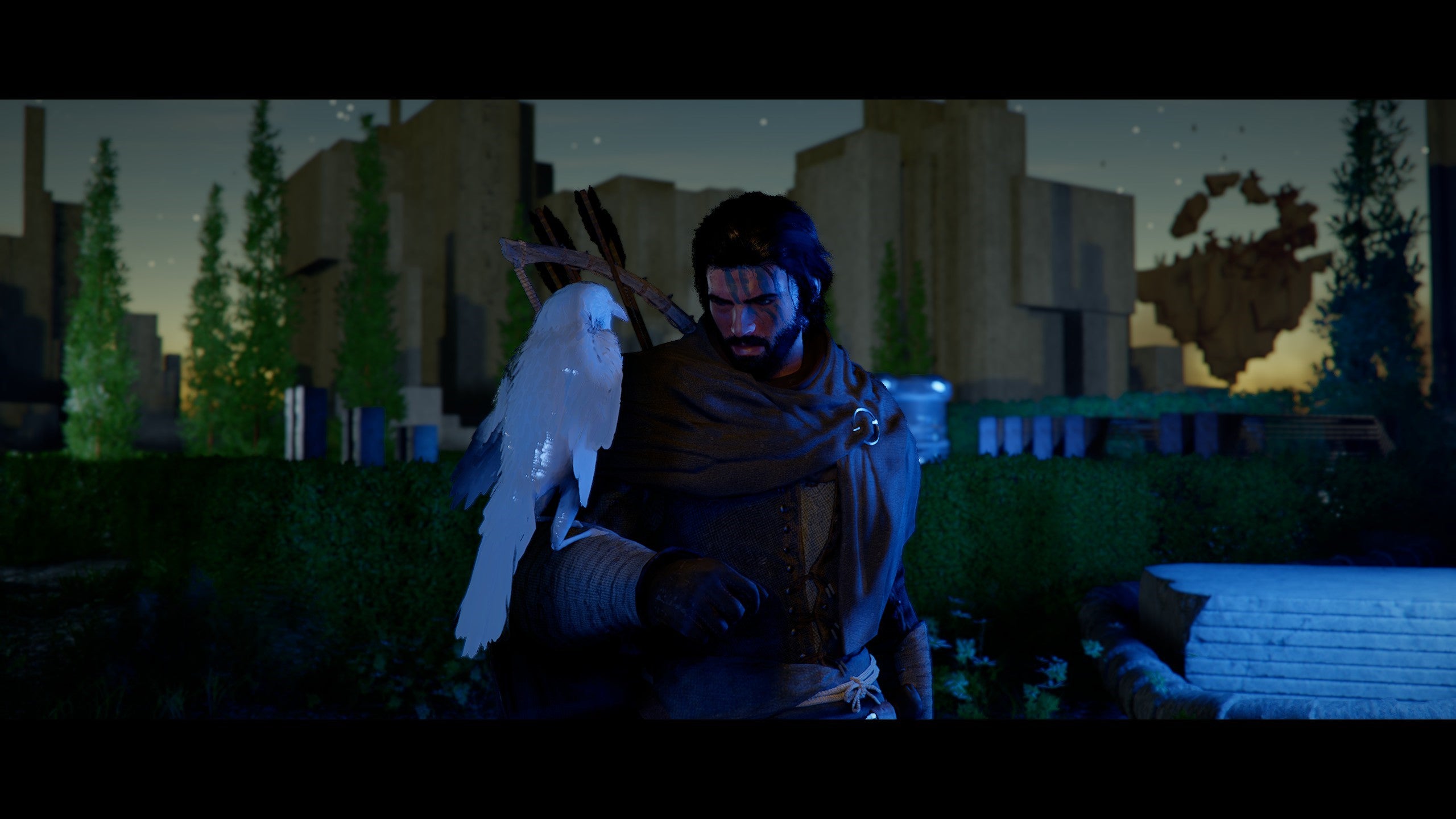Kliff holding a white raven in Crimson Desert.