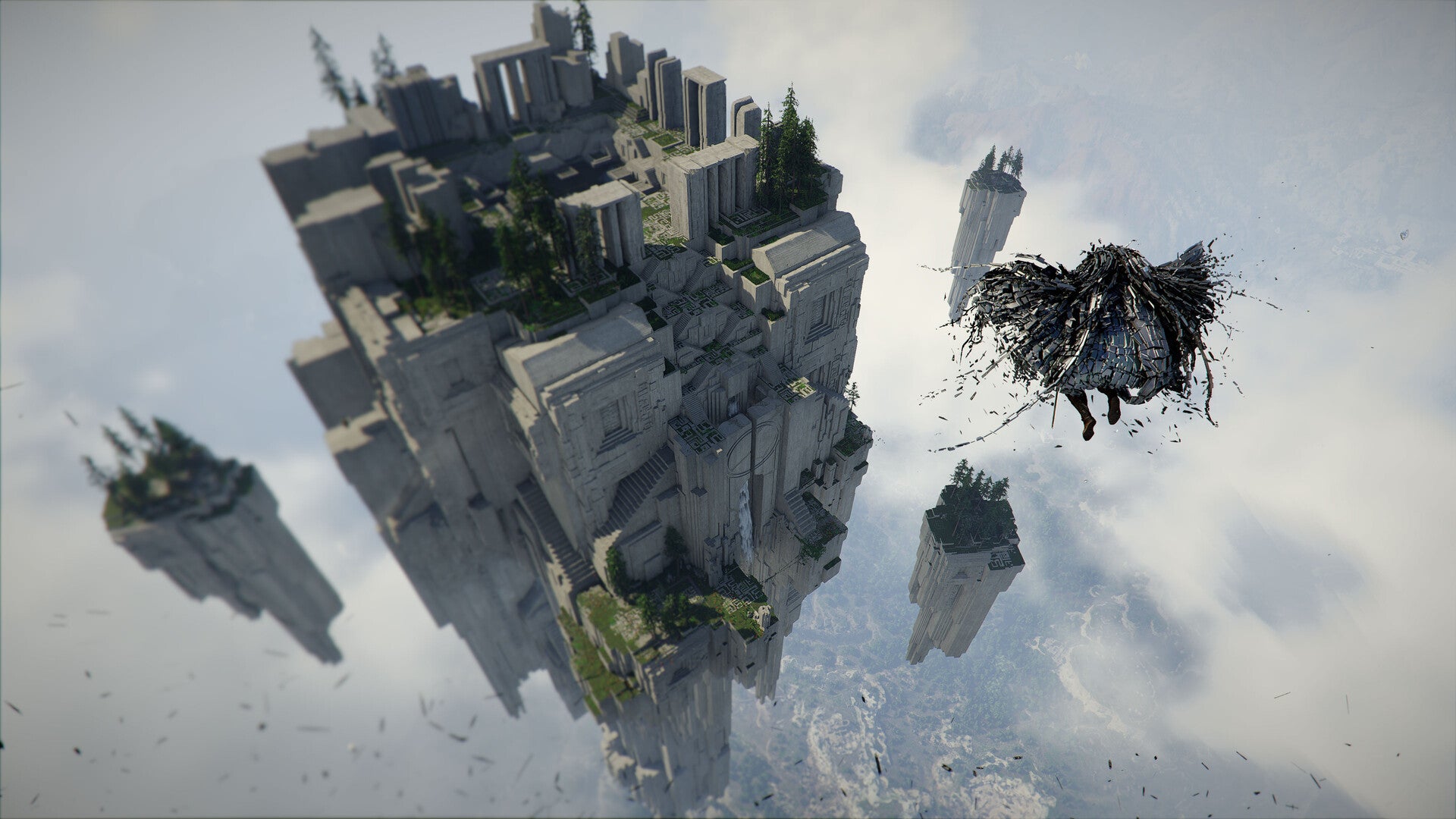 A man flying using a tatty magic cape above a bunch of floating stone ruins in Crimson Desert. - 1