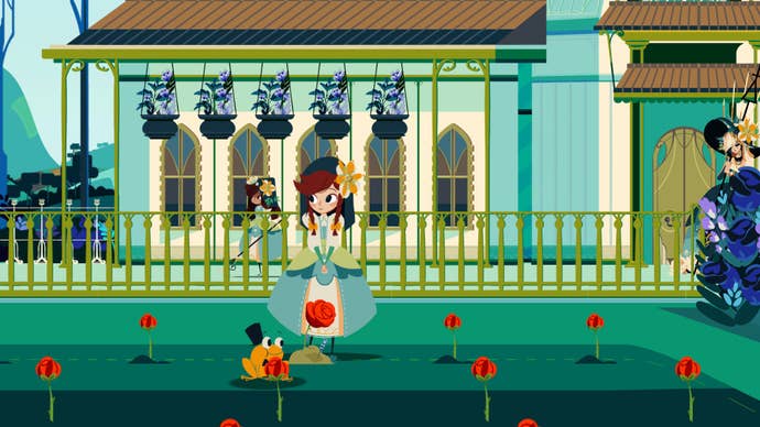 A young girl stands in a flower field in Cris Tales