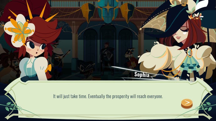 A beautiful serene woman called Sophia is talking to Crisbell, the young girl protagonist of Cris Tales. She is saying “Eventually the prosperity will reach everyone”, and Crisbell looks worried