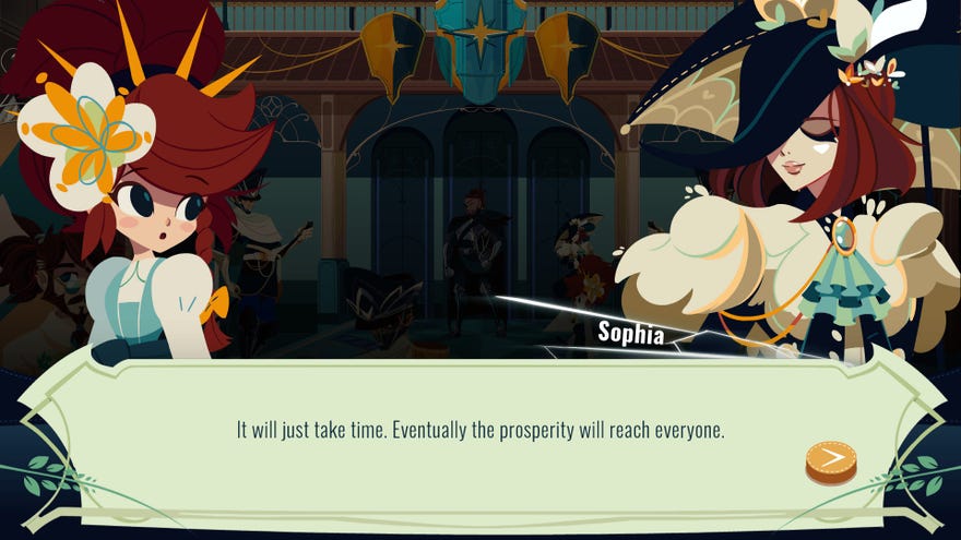 A beautiful serene woman called Sophia is talking to Crisbell, the young girl protagonist of Cris Tales. She is saying “Eventually the prosperity will reach everyone”, and Crisbell looks worried