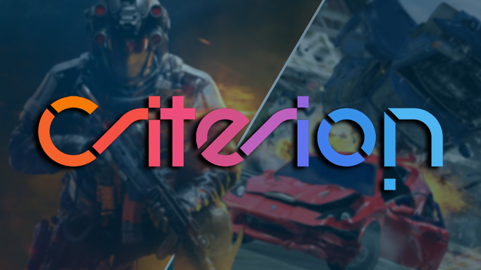 Battlefield 6 solider and cars from Burnout Paradise behind a multicoloured logo for Criterion