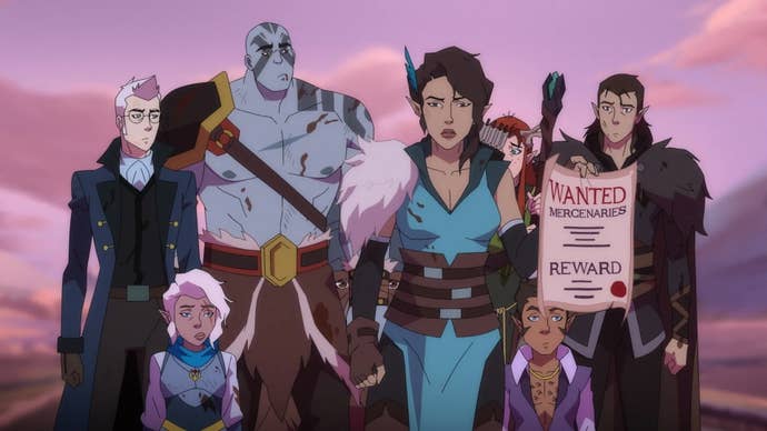 The animated cast of Critical Role as their characters in the podcast in The Legend of Vox Machina, one of them is holding up a wanted poster, they all look a bit disgruntled.