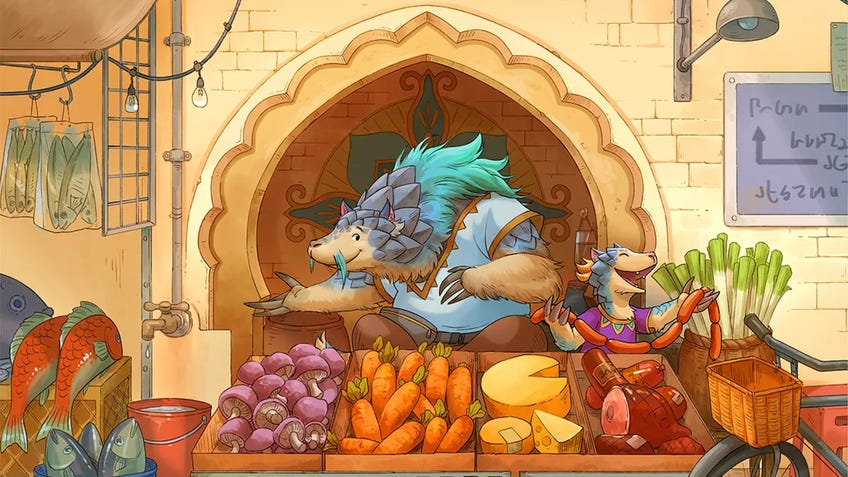 Critter Kitchen artwork featuring Pangolin stall workers