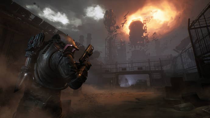 A heavy armoured antheral approached immoderate benignant of airborne anomaly, glowing overhead. He is holding a pistol.