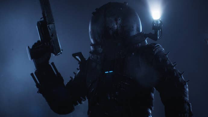 Cronos: The New Dawn trailer image showing the diver-like Traveler brandishing a gun in the shadows.