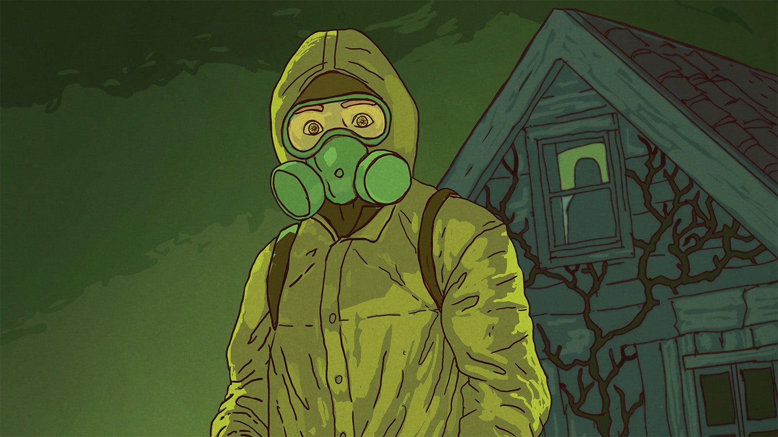 A person in yellow hazardous material suit and gas mask stands in a green-aired garden space outside an eerie, foreboding A-roofed house. The whole image feels cursed.