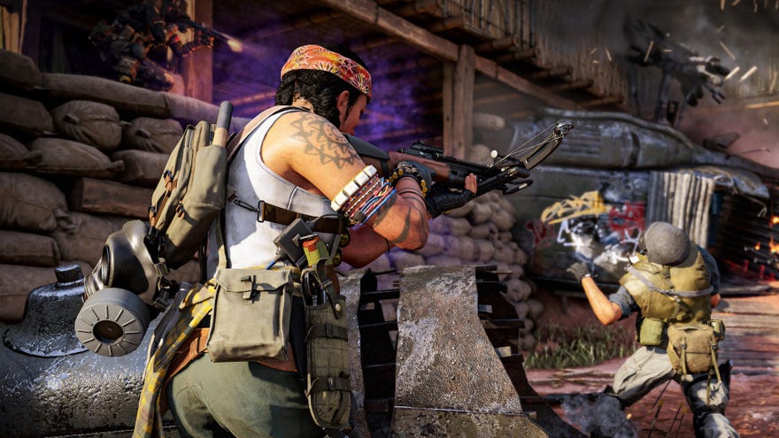 A Warzone operator shoots the new R1 Shadowhunter crossbow at an enemy.