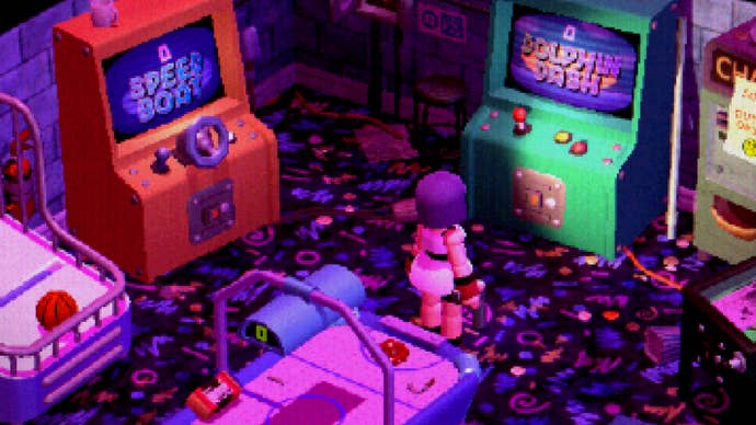Crow Country screenshot of a young woman stood in an old arcade, lit up by the screens of various machines.