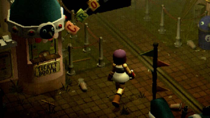 A Crow Country screenshot showing protagonist Special Agent Mara Forest at the gates of the titular theme park, all rendered in a grungy, PS1-inspired low-poly aesthetic.
