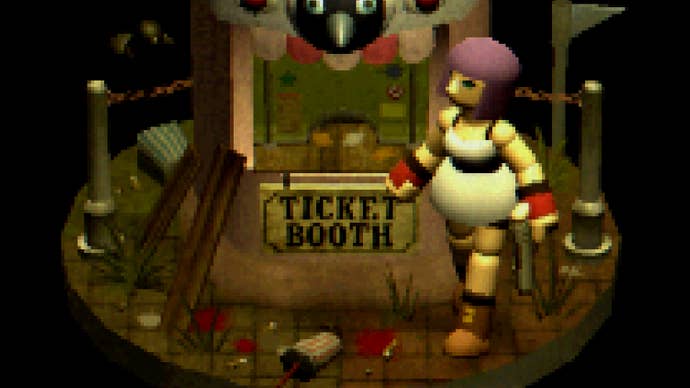 Crow Country key art showing Mara, a young woman with purple hair, walking in front of a dilapidated theme park ticket booth.