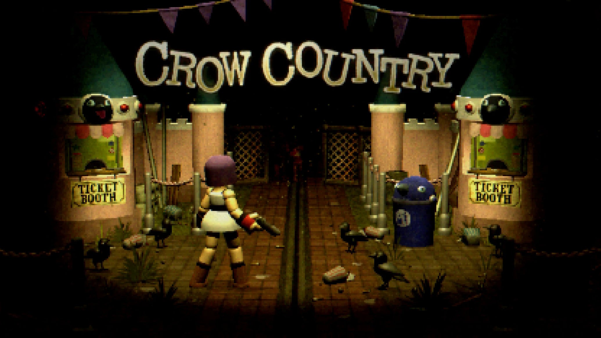 Crow Country header image, featuring the name of the game, PS1-style aesthetics, and a heavy blackened vignette around the edges. - 1