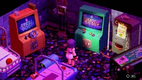 Crow Country official screenshot showing the main character in a room full of retro arcade machines, lit by a flourescent pink glow