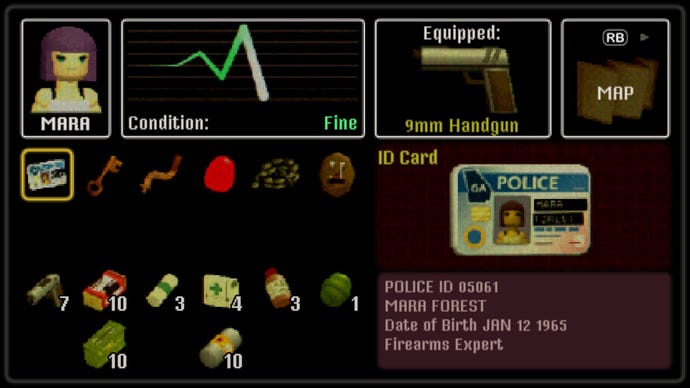 The inventory screen in Crow Country, also showing Mara's health