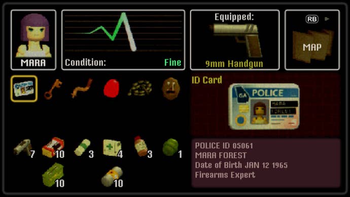 The inventory screen in Crow Country, also showing Mara’s health