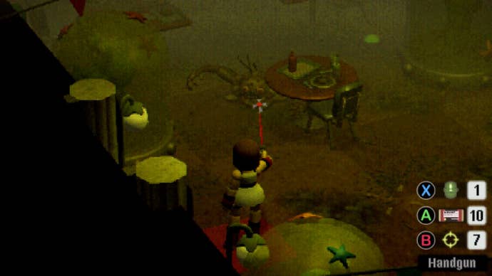 Shooting at a grim monster in Crow Country’s sea-themed restaurant