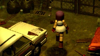 A screenshot from Crow Country, showing the back of the female character Mara, who's wearing a short dress and boots. She's standing next to a car.