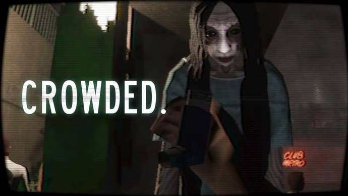 A tall monster with long hair pursues the player, who holds an asthma inhaler in their hand.