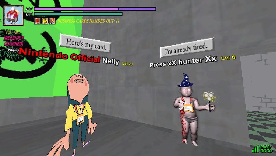 Two CDC attendees stand next to one another, a baby in a wizard had and a one named “Nintendo Official Nelly”. Nelly says “here’s my card” and the baby says “I’m already tired."