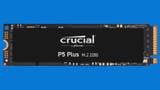 Crucial's P5 Plus SSD on a blue background.