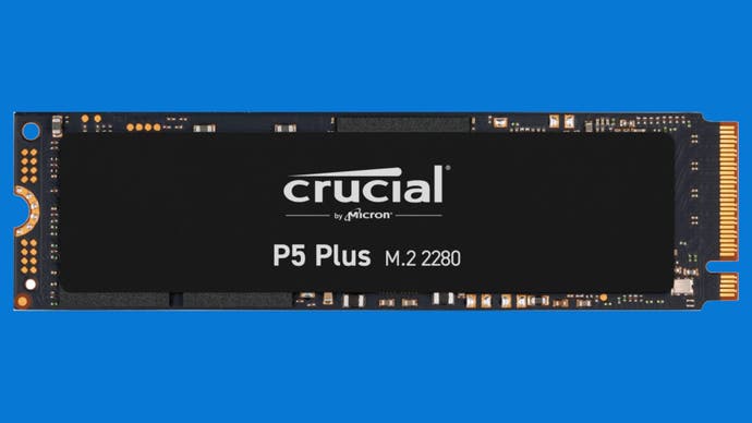 Crucial's P5 Plus SSD on a blue background.