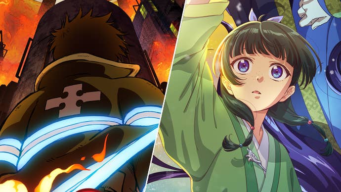 On the left, key art for Fire Force season 3, showing the back of a person with black fluffy hear wearing a fire-person’s jacket. On the right, art from The Apothecary Diaries showing a woman with green hair and purple eyes laying next to someone.