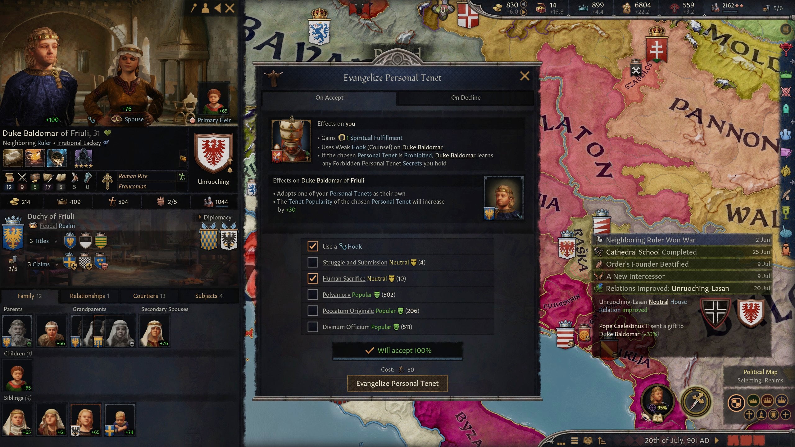 A Duke being convinced to get into human sacrifice in Crusader Kings 3.
