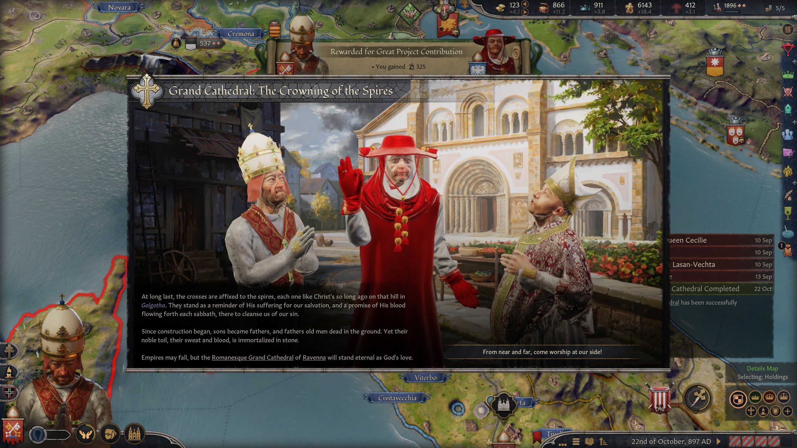 The building of a Grand Cathedral in Crusader Kings 3.