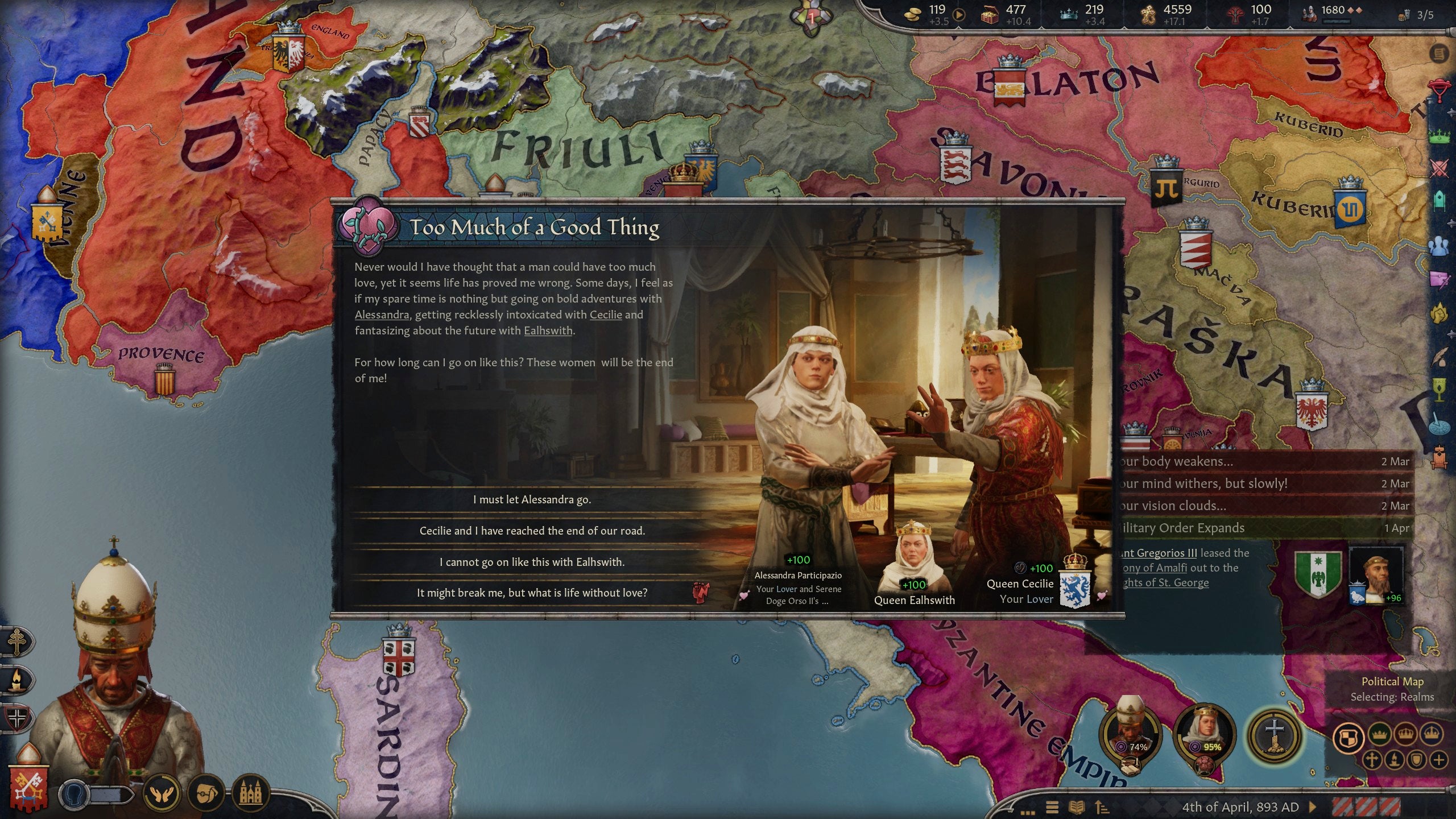 Three ladies vying for the Pope's affections in Crusader Kings 3.