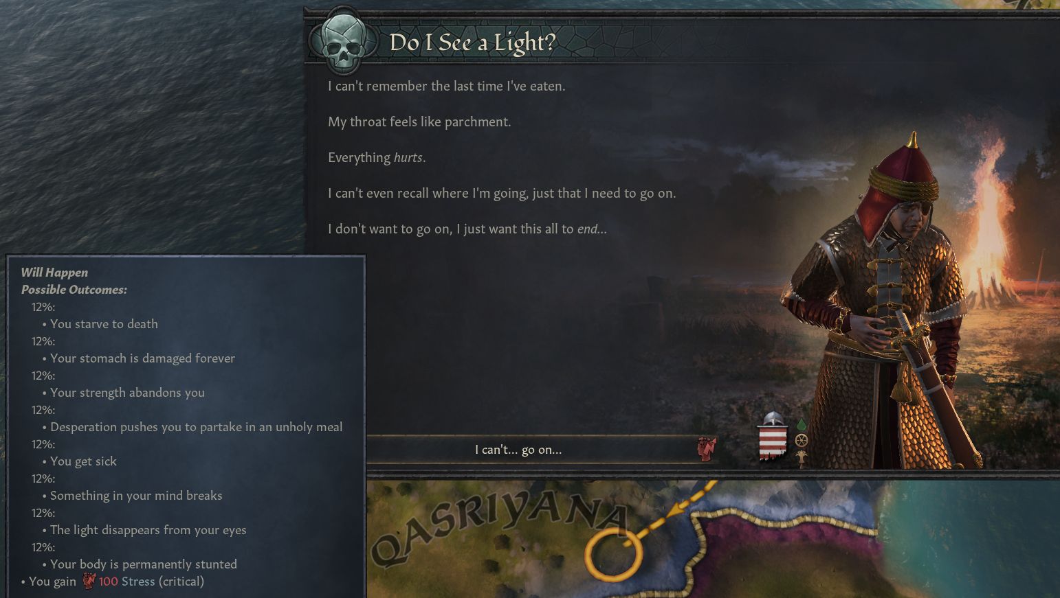 The player's character is starving to death as a fire rages behind them. - 1