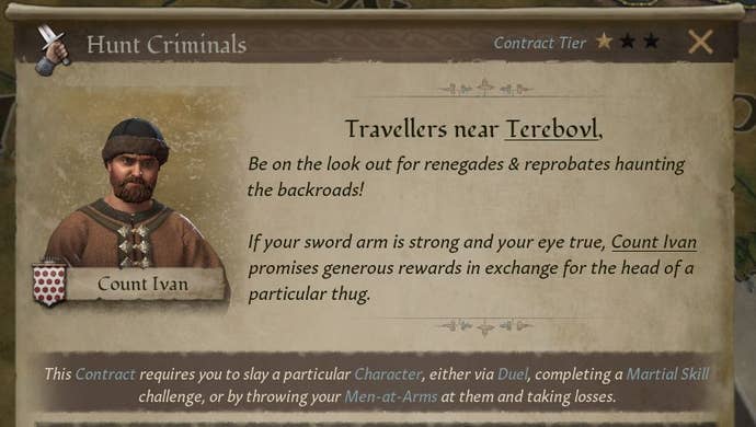 A message on a scroll asks the player to hunt some criminals in Crusader Kings 3.