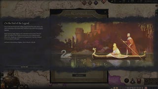 A lady is pulled on a boat by a swan in Crusader Kings 3: Legends Of The Dead.